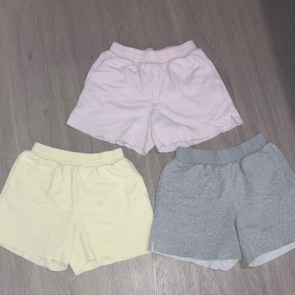 Casual Cotton Lounge Sweat Shorts Trio - Pastel Pink, Pale Yellow, Heather Gray